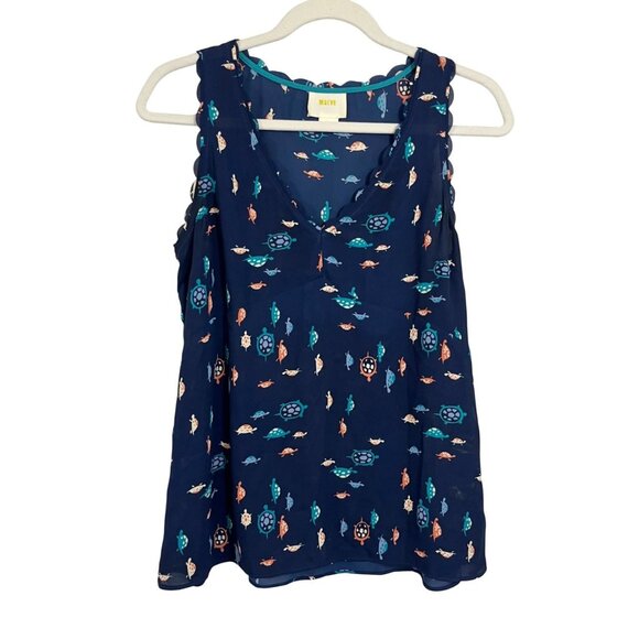 Anthropologie Maeve Navy Blue Turtle Print Scalloped Tank Top Novelty - Size 4 - Picture 1 of 6